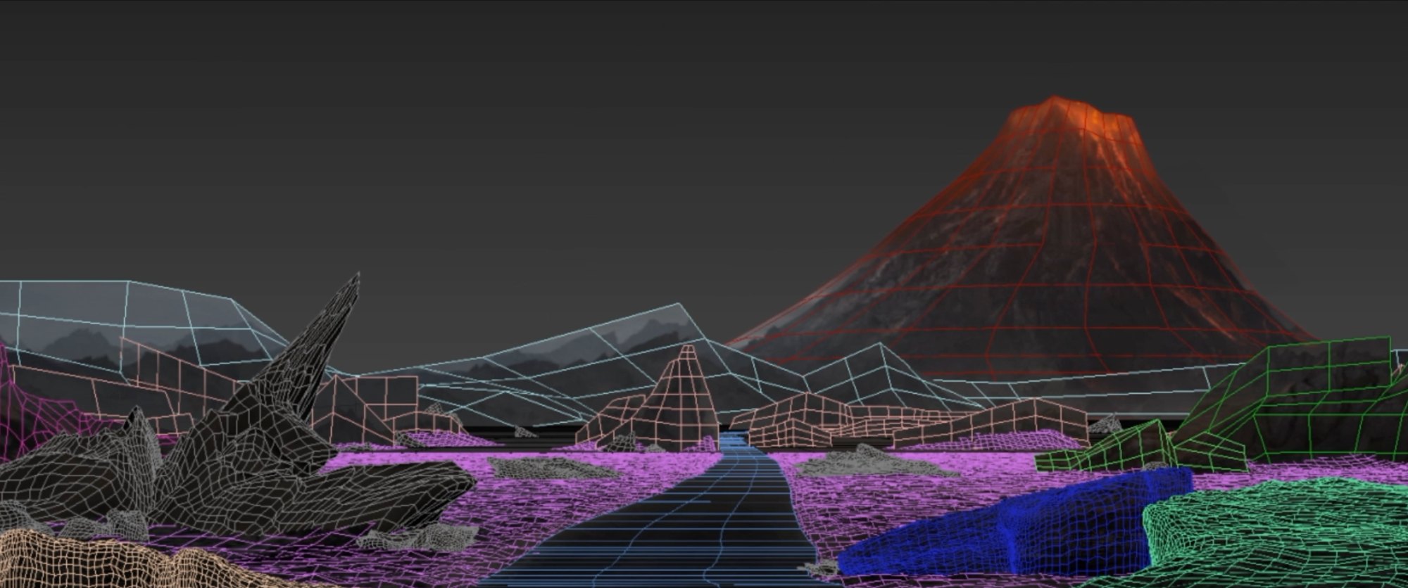 Volcano scene, 3D wireframe